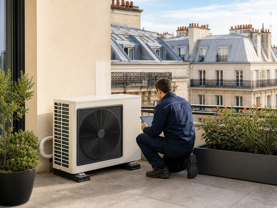 Pompe à chaleur installée sur une terrasse parisienne