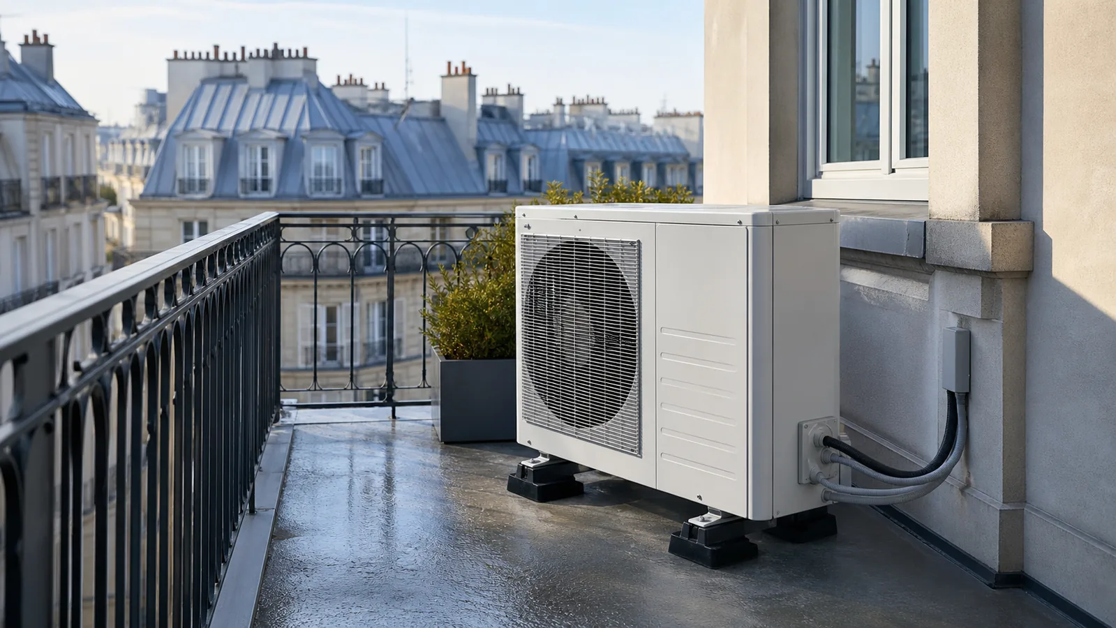 Pompe à chaleur installée sur une terrasse parisienne